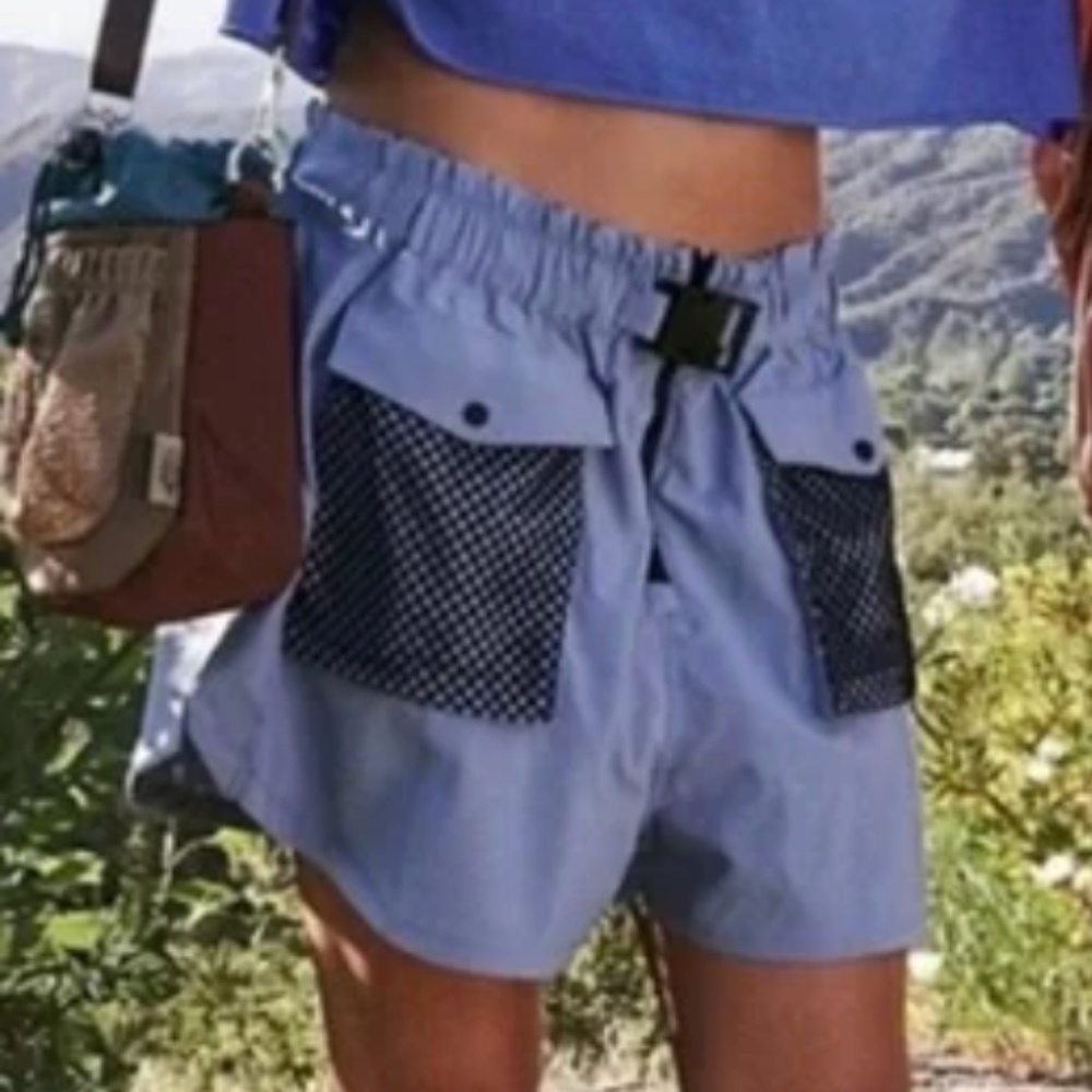 FP Movement by Free People Light Blue Athletic Shorts with Navy Mesh Pockets